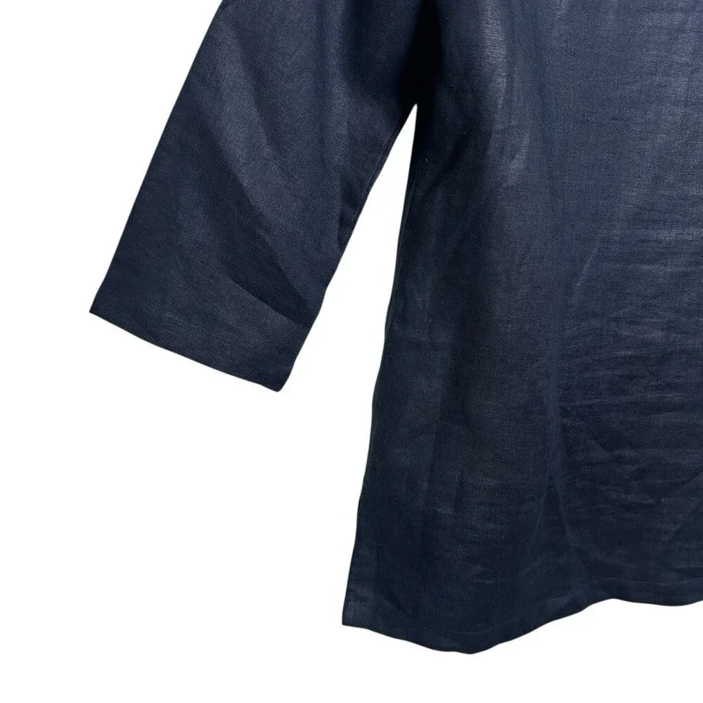 Michael Kors Small Navy 100% Linen Tunic Shirt Embellished Top 3/4 Sleeve Office - Picture 7 of 10